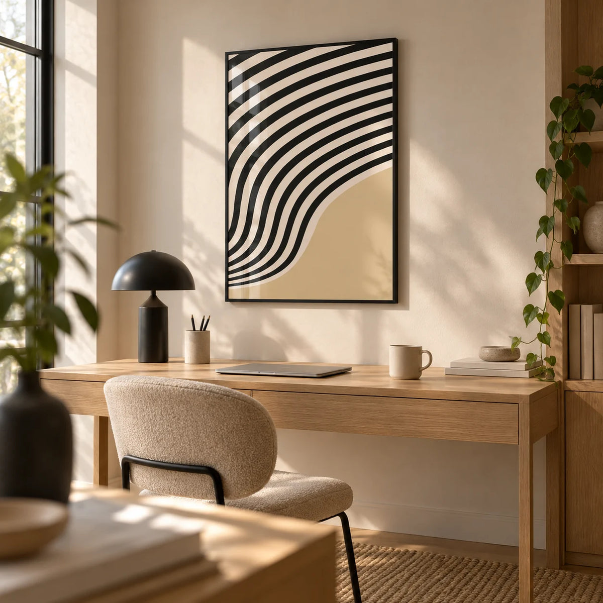 Beige Abstract Art, framed on the wall of a calm home office