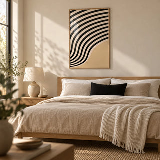 Beige Abstract Art, framed on the wall of a calm modern bedroom