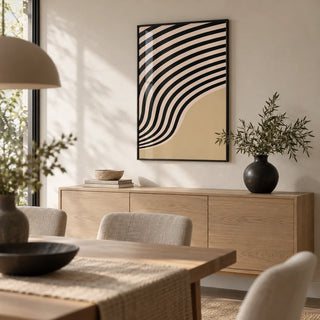 Beige Abstract Art, framed on the wall of a calm modern dining room