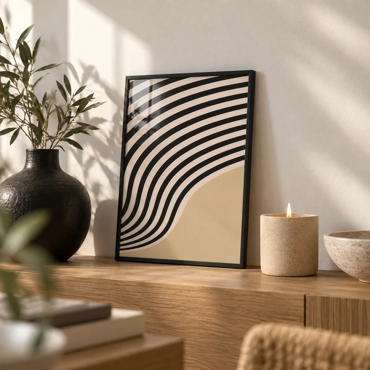 Beige Abstract Art, a small A4 framed print leaning on an oak shelf in a living room