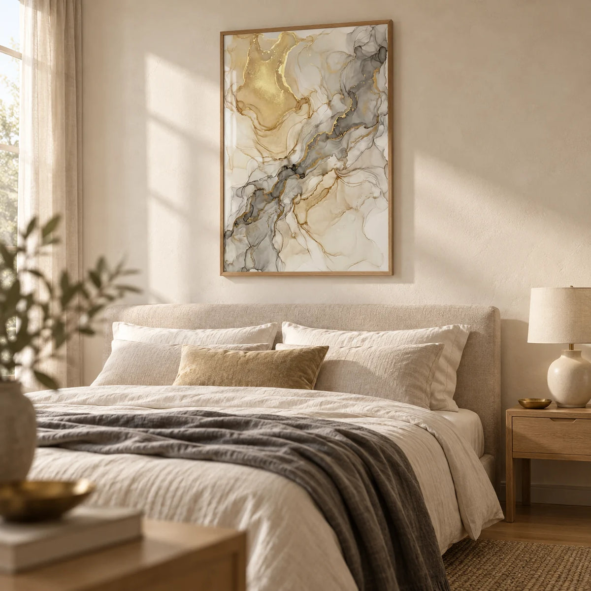 Beige Abstract Print, framed on the wall of a calm main bedroom with an ivory plaster wall and natural oak floor