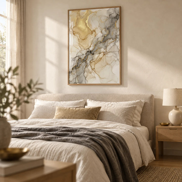 Beige Abstract Print, framed on the wall of a calm main bedroom with an ivory plaster wall and natural oak floor