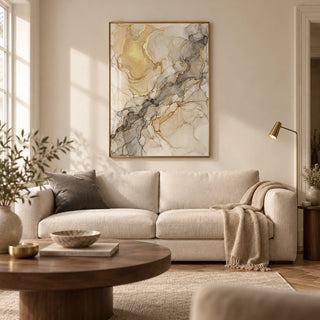 Beige Abstract Print, framed on the wall of a contemporary living room in a UK townhouse with warm ivory walls and oak parquet