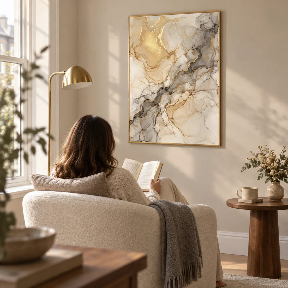 Beige Abstract Print, framed on the wall of a quiet reading corner in a light-filled UK flat with a soft stone-coloured wall in a living room
