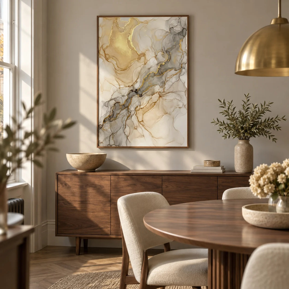 Beige Abstract Print, framed on the wall of a refined dining room in a renovated UK terrace with a pale warm grey wall