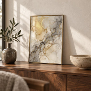 Beige Abstract Print, a small A4 framed print leaning on a walnut sideboard in a living room