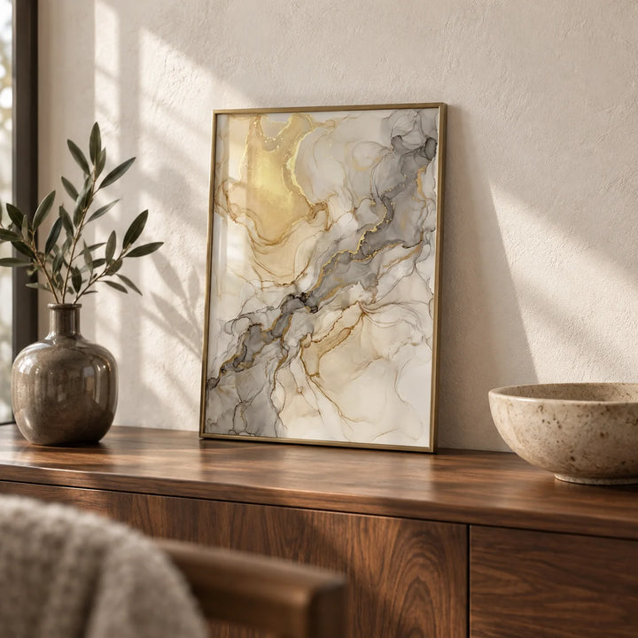 Beige Abstract Print, a small A4 framed print leaning on a walnut sideboard in a living room