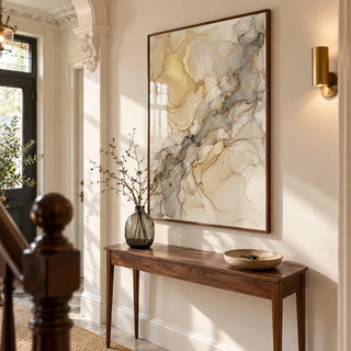 Beige Abstract Print, framed on the wall of a welcoming hallway in a Victorian UK terrace with warm white walls