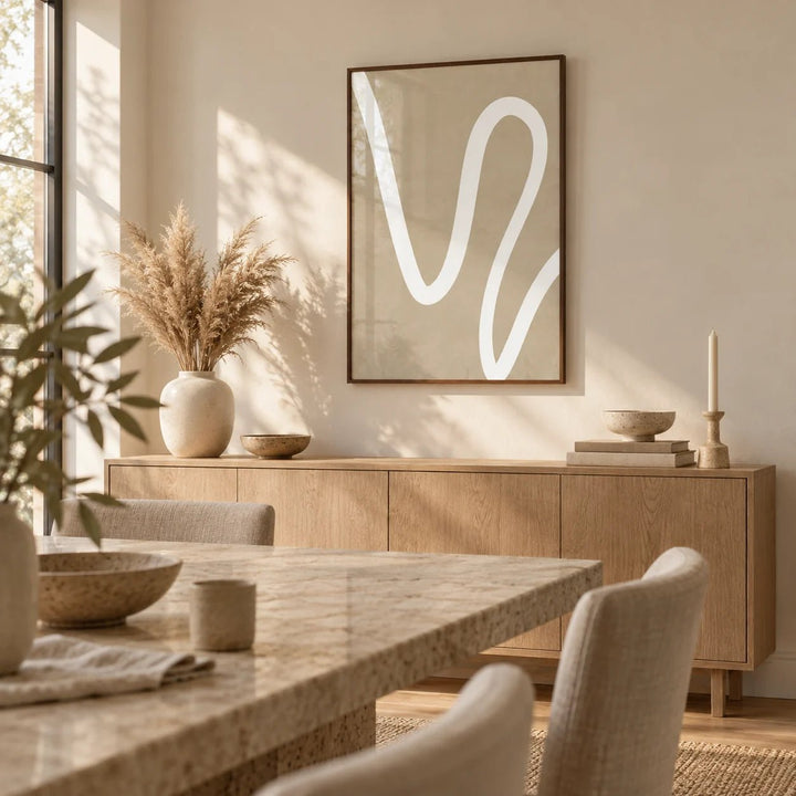 Beige Wall Art, framed on the wall of a calm dining room