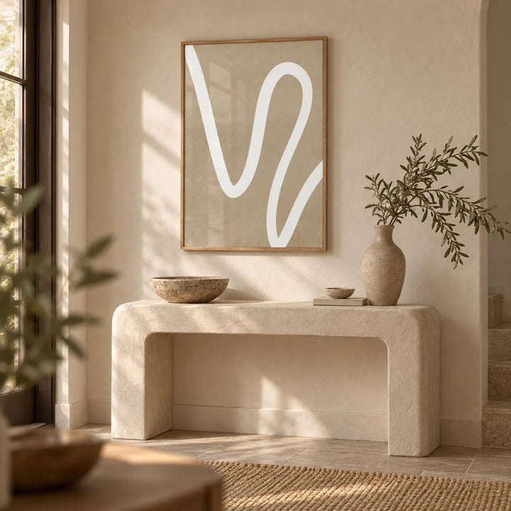 Beige Wall Art, framed on the wall of a calm entryway
