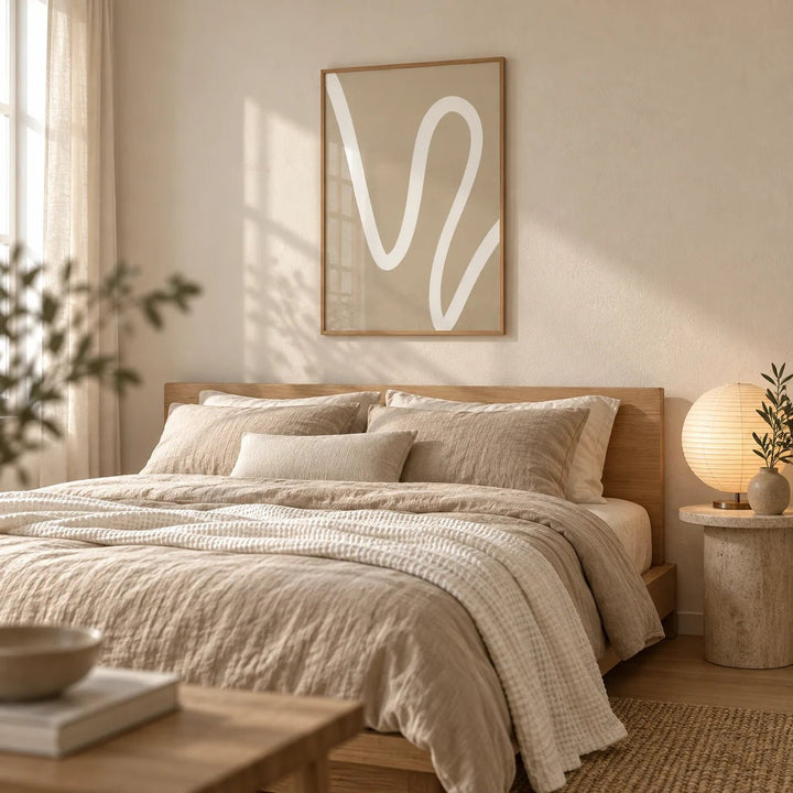 Beige Wall Art, framed on the wall of a calm neutral bedroom