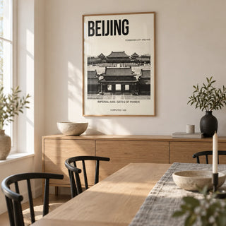 Beijing Architecture Art Print, framed on the wall of a bright modern dining room in a London flat with warm white plaster walls and pale oak floorboards