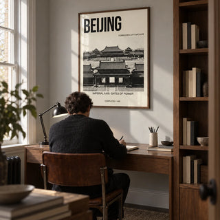 Beijing Architecture Art Print, framed on the wall of a compact architect's study in a Victorian terrace with a pale grey wall and built-in walnut shelving