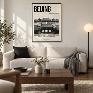 Beijing Architecture Art Print, framed on the wall of a modern living room in a renovated UK city flat with warm white walls and walnut floorboards