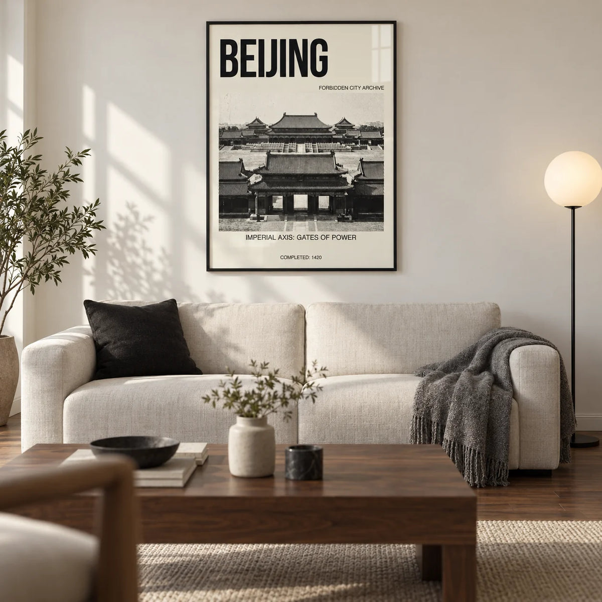 Beijing Architecture Art Print, framed on the wall of a modern living room in a renovated UK city flat with warm white walls and walnut floorboards