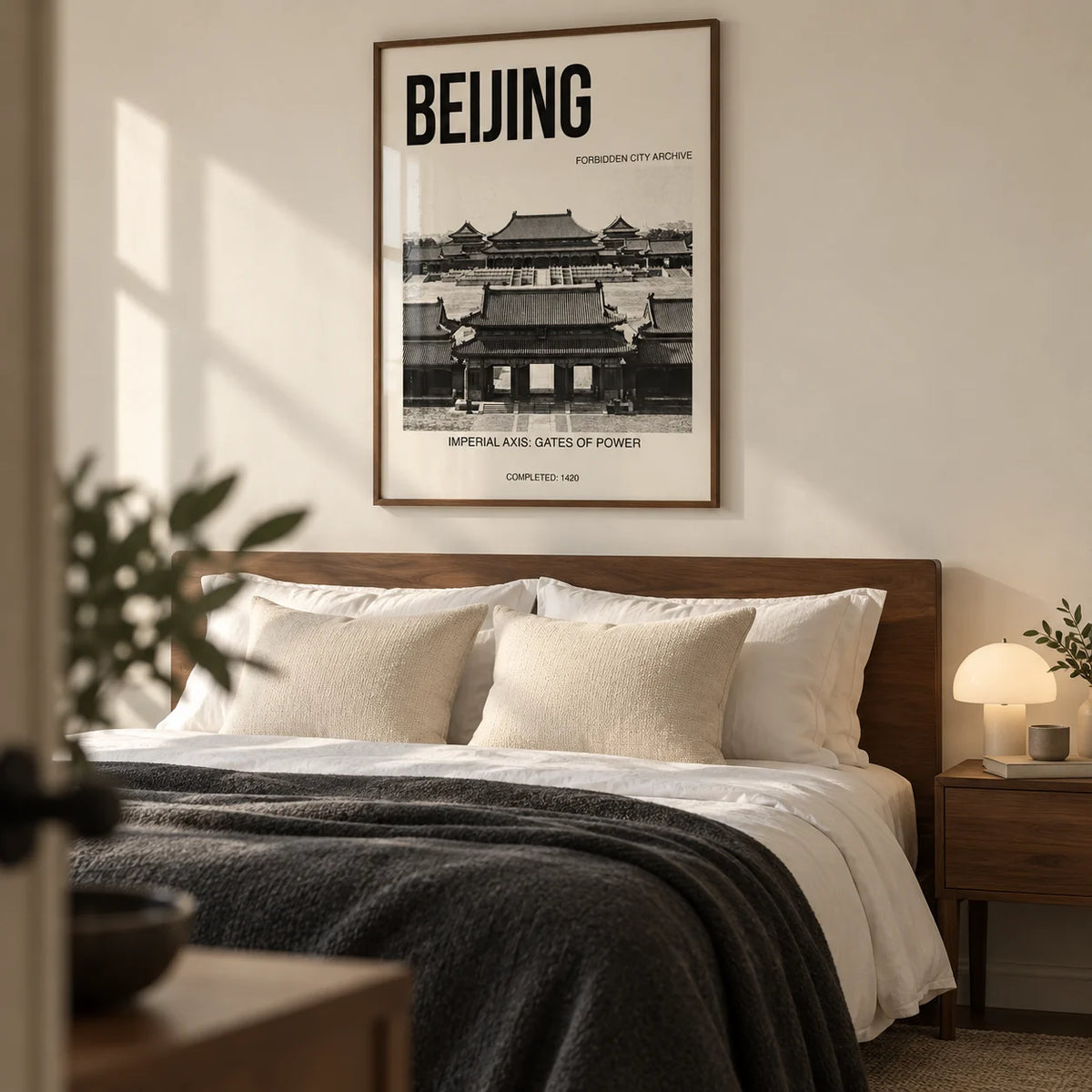 Beijing Architecture Art Print, framed on the wall of a quiet main bedroom in a contemporary UK apartment with a warm ivory wall