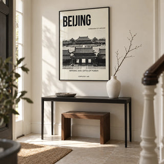 Beijing Architecture Art Print, framed on the wall of a refined entrance hallway in a UK townhouse with an ivory wall and a pale stone floor