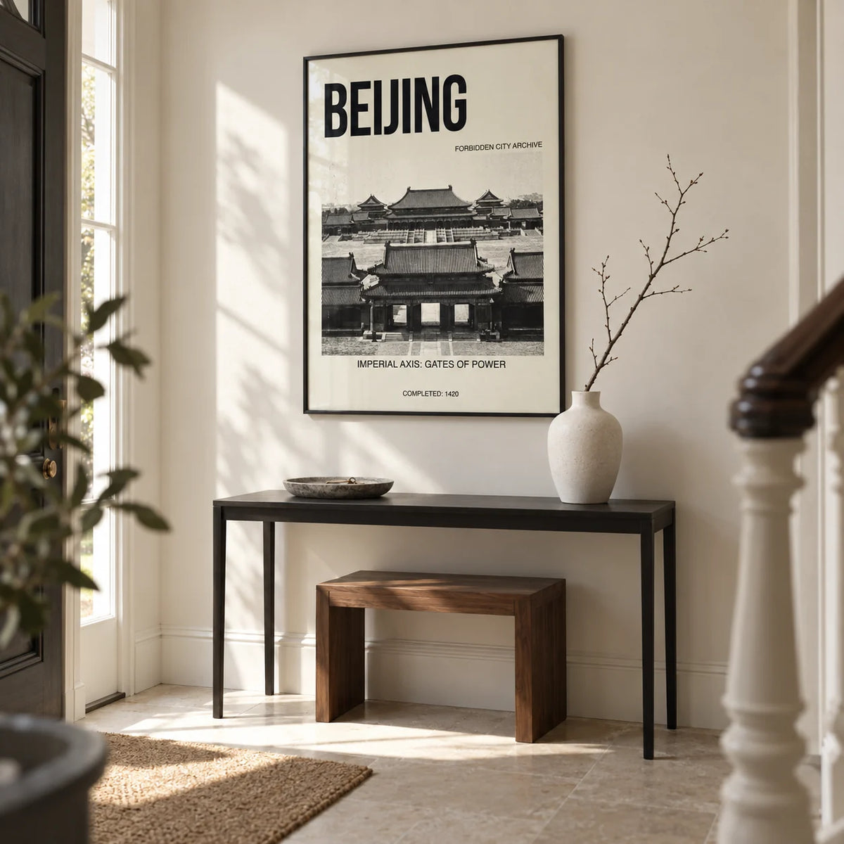 Beijing Architecture Art Print, framed on the wall of a refined entrance hallway in a UK townhouse with an ivory wall and a pale stone floor