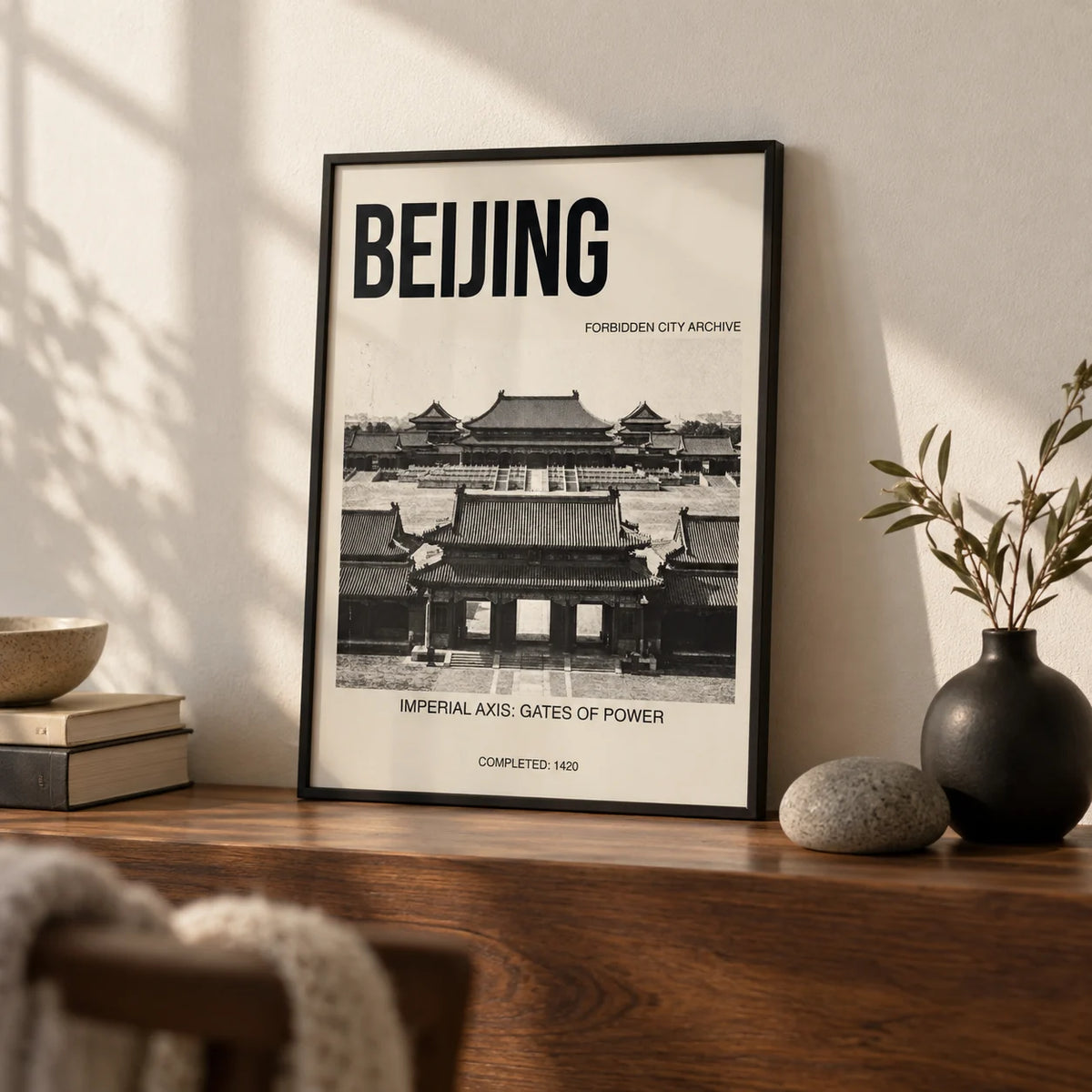 Beijing Architecture Art Print, a small A4 framed print leaning on a walnut shelf in a living room