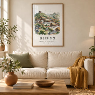 Beijing Wall Art, framed on the wall of a calm living room in a UK terraced home with warm white plaster walls and an oak floor