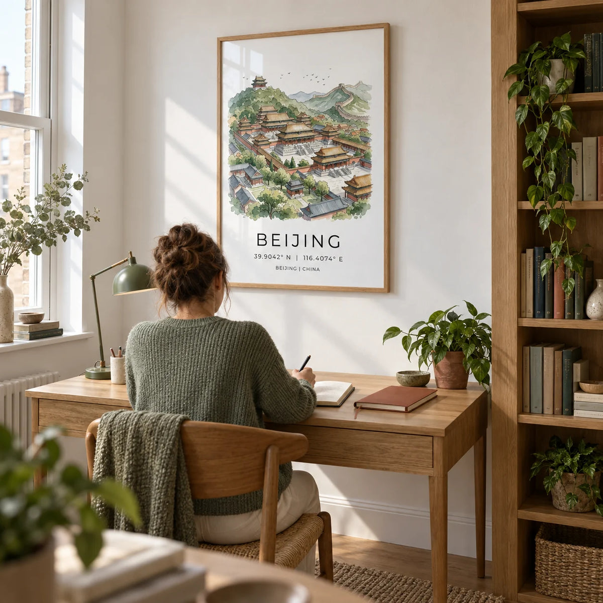 Beijing Wall Art, framed on the wall of a peaceful home study in a UK flat with a soft white wall and a built-in oak bookcase to one side