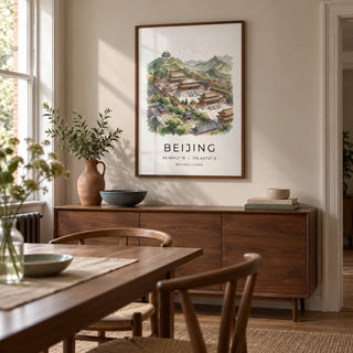 Beijing Wall Art, framed on the wall of a quiet dining room in a renovated UK terrace with pale putty walls and warm walnut furniture