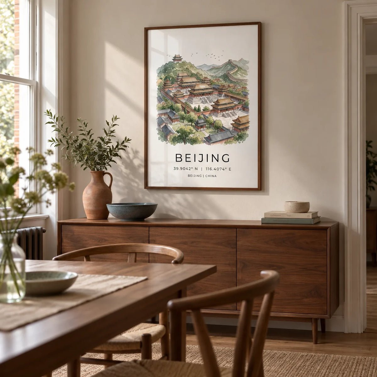 Beijing Wall Art, framed on the wall of a quiet dining room in a renovated UK terrace with pale putty walls and warm walnut furniture