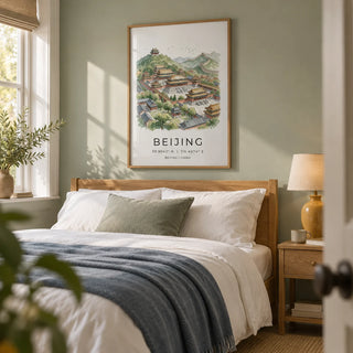 Beijing Wall Art, framed on the wall of a restful adult bedroom in a UK home with a pale sage wall and simple oak furniture