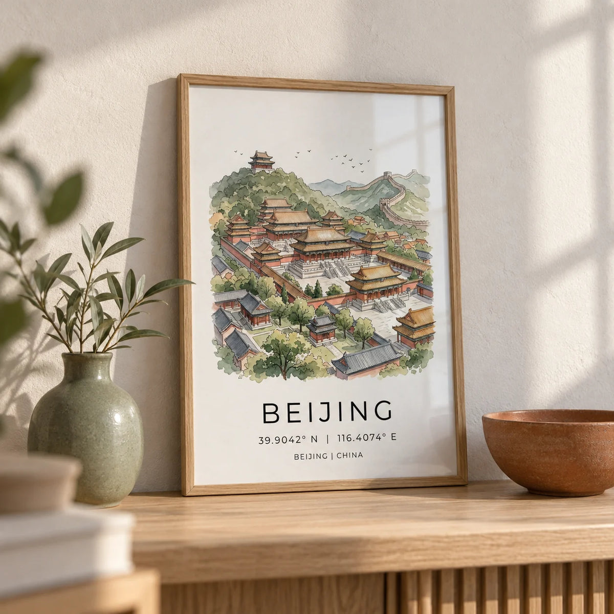 Beijing Wall Art, a small A4 framed print leaning on a pale oak shelf in a living room