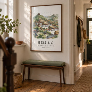 Beijing Wall Art, framed on the wall of a welcoming narrow hallway in a UK Victorian terrace with warm white walls and stripped timber floorboards