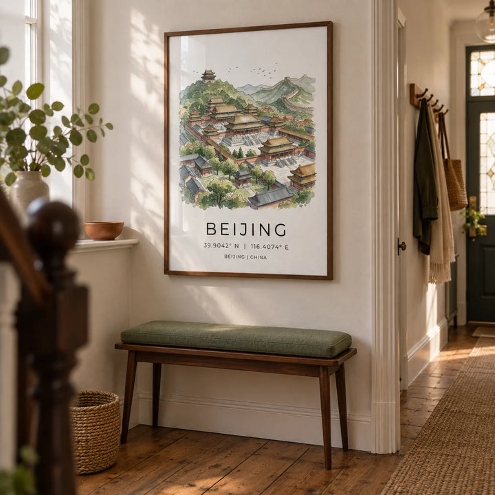 Beijing Wall Art, framed on the wall of a welcoming narrow hallway in a UK Victorian terrace with warm white walls and stripped timber floorboards