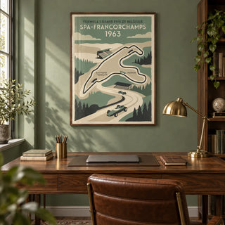 Belgian Race Circuit Map Poster, framed on the wall of a classic home office with a sage green painted wall