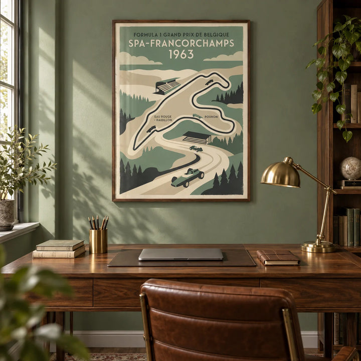 Belgian Race Circuit Map Poster, framed on the wall of a classic home office with a sage green painted wall
