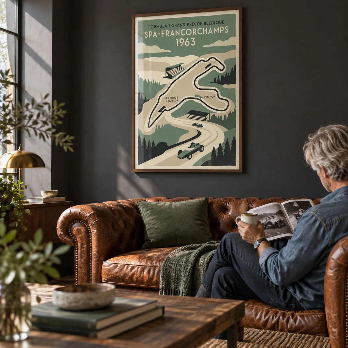 Belgian Race Circuit Map Poster, framed on the wall of a cosy den with a charcoal painted wall in a living room