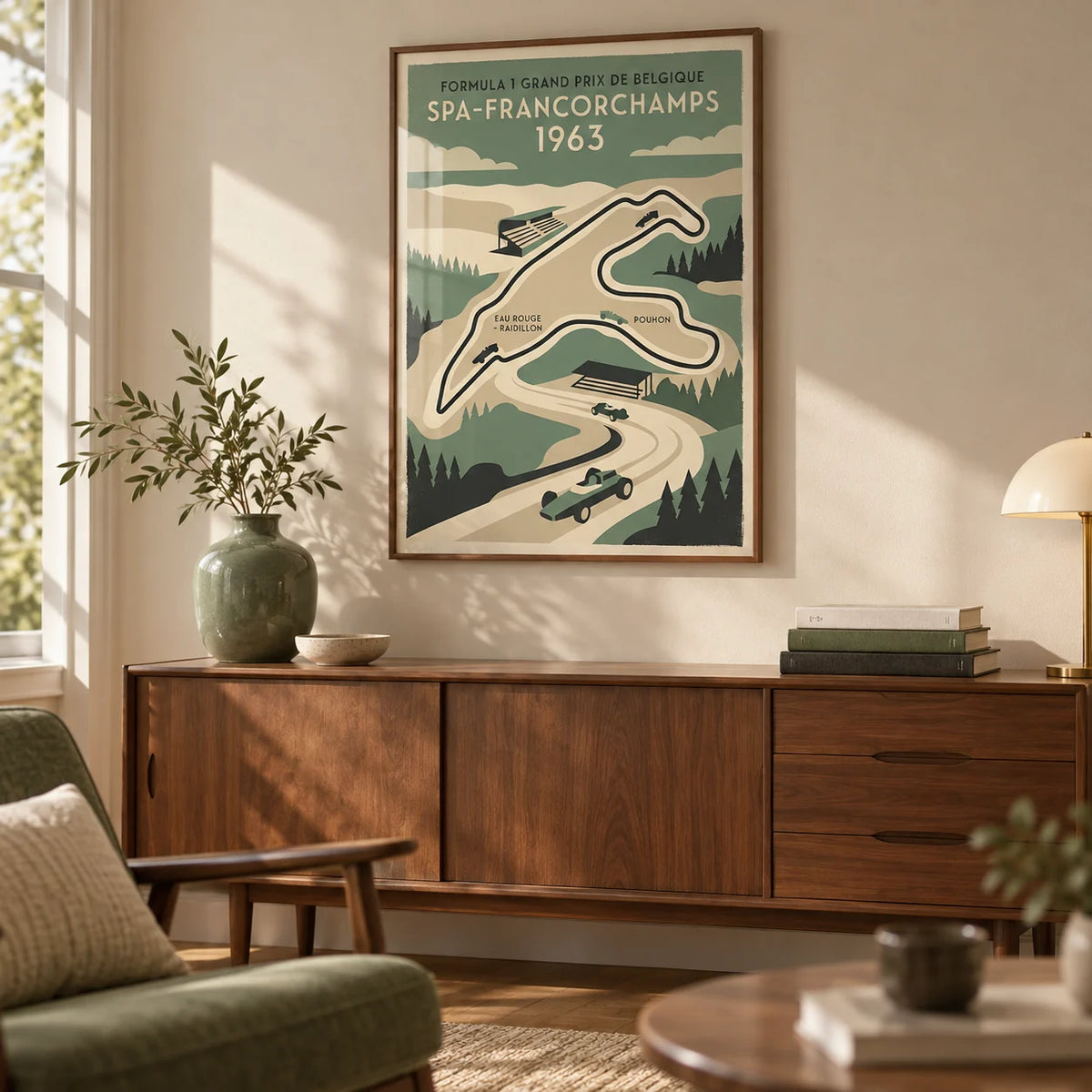 Belgian Race Circuit Map Poster, framed on the wall of a mid-century living room with a soft beige wall