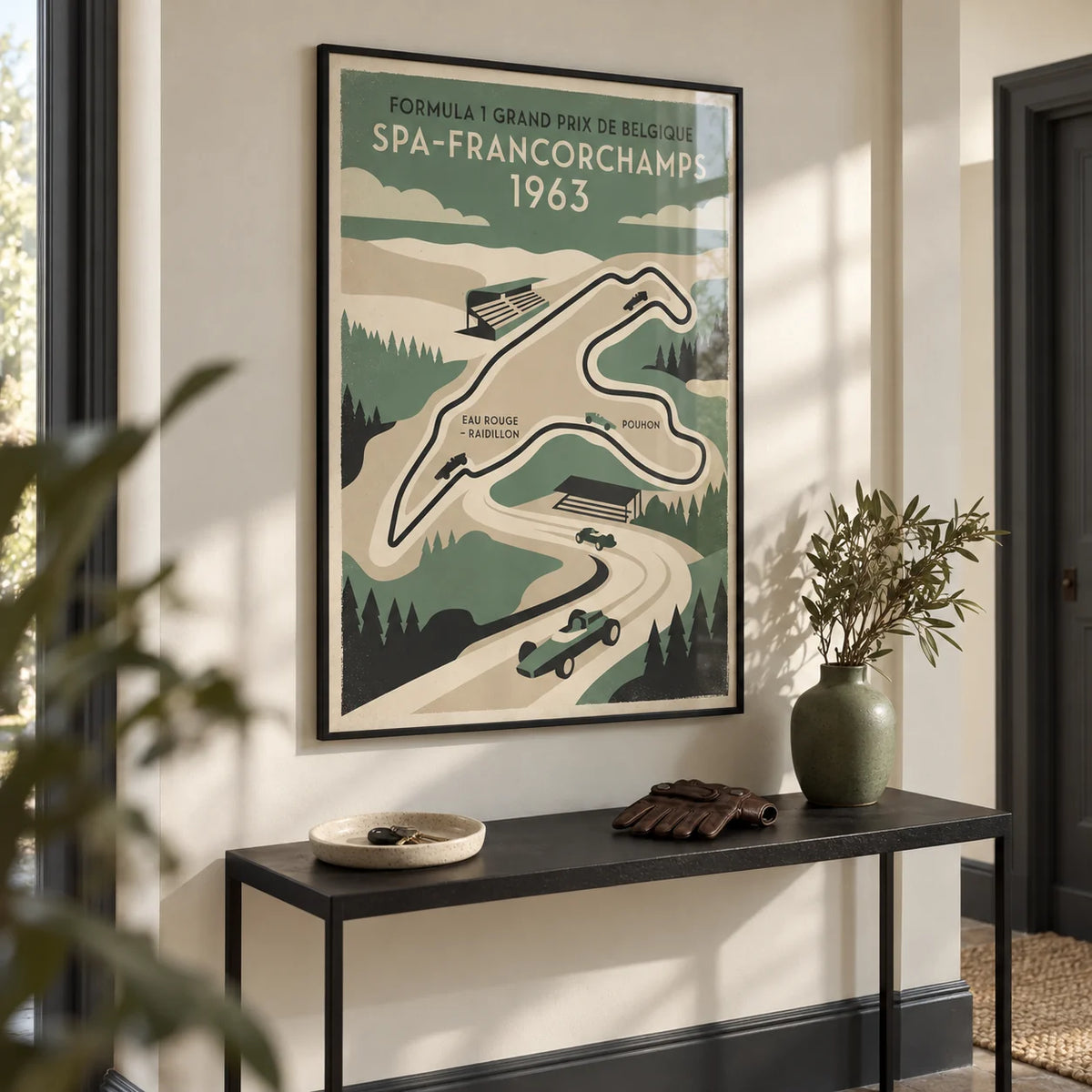 Belgian Race Circuit Map Poster, framed on the wall of a smart hallway with a cream wall and a charcoal skirting
