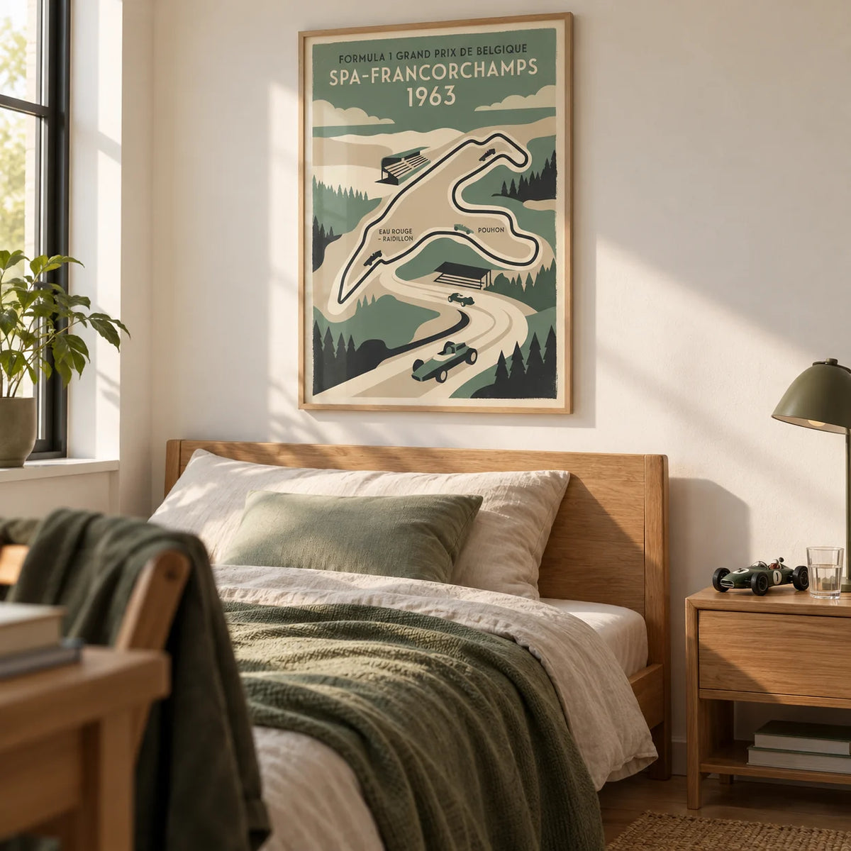 Belgian Race Circuit Map Poster, framed on the wall of a young adult's bedroom (18-28) with a warm white wall