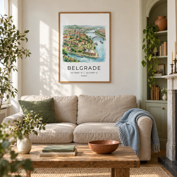 Belgrade City Art Print, framed on the wall of a characterful living room in a UK Victorian terrace with warm white plaster walls