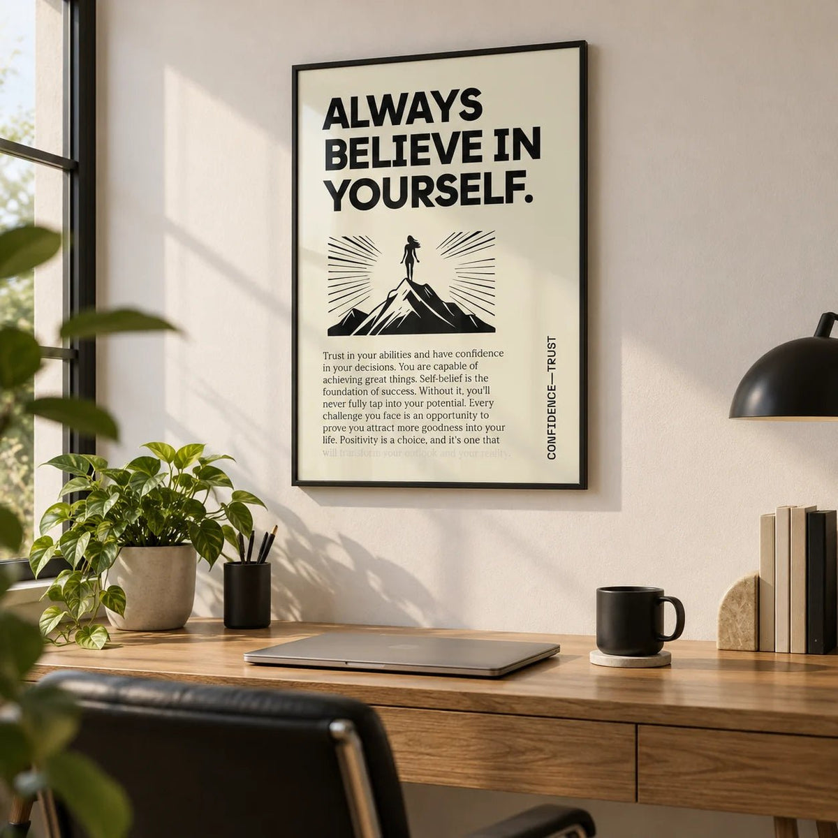 Believe in Yourself Poster, framed on the wall of a modern home office