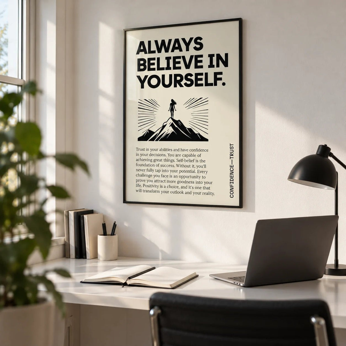 Believe in Yourself Poster, framed on the wall of a study corner