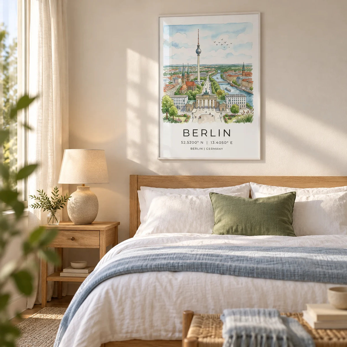 Berlin City Art Print, framed on the wall of a peaceful adult bedroom with a warm white wall and natural oak furniture