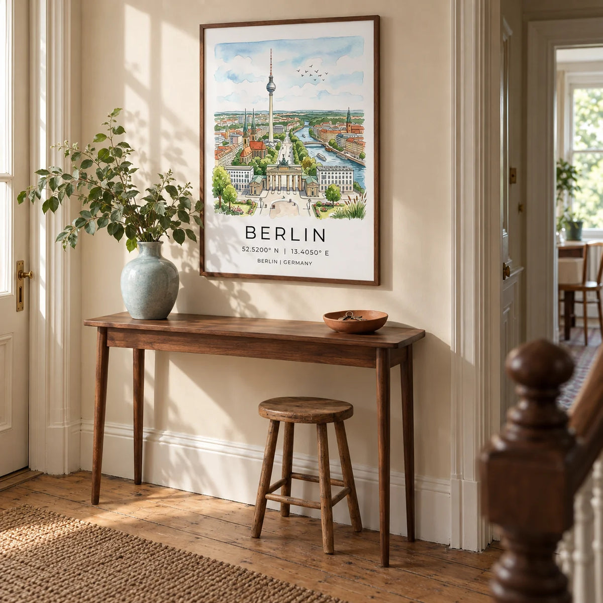 Berlin City Art Print, framed on the wall of a welcoming hallway in a Victorian terrace with pale sandstone painted walls and simple timber floorboards