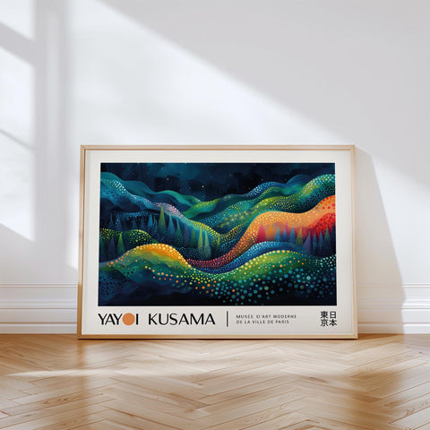 Vibrant abstract landscape poster with dot art patterns.