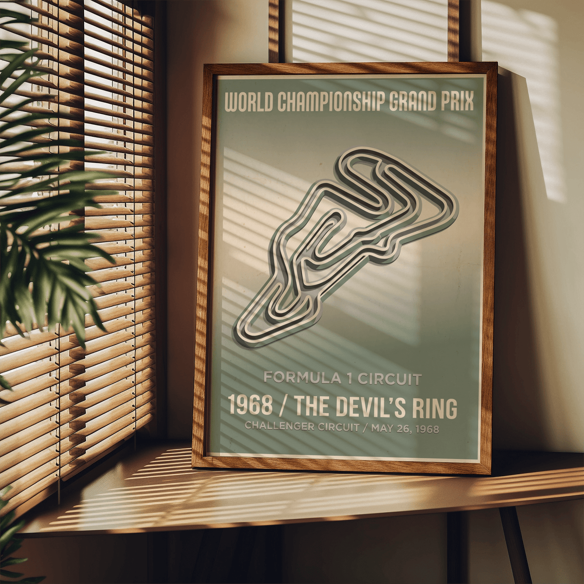 Presenting a minimalist racing layout, circuit wall art print with large headline lettering and a winding course graphic