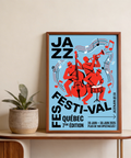 Modern jazz poster print with curved FESTI-VAL text and floating music notes
