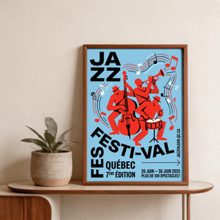 Modern jazz poster print with curved FESTI-VAL text and floating music notes