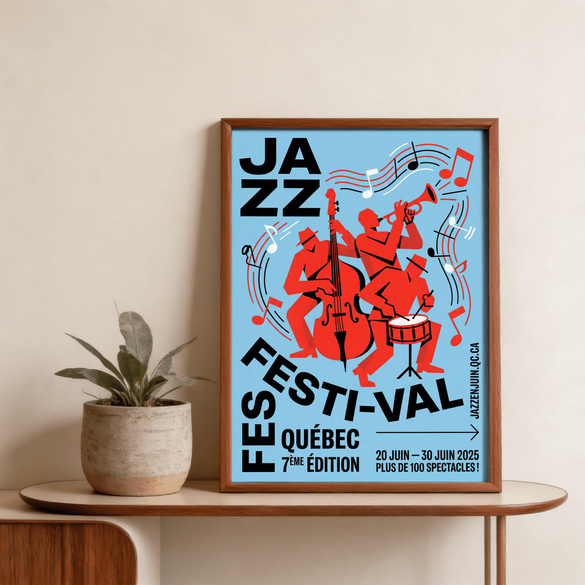 Modern jazz poster print with curved FESTI-VAL text and floating music notes