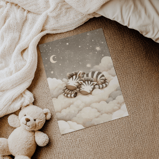 Zebra Nursery Art, beige stripes on white clouds, nursery wall print