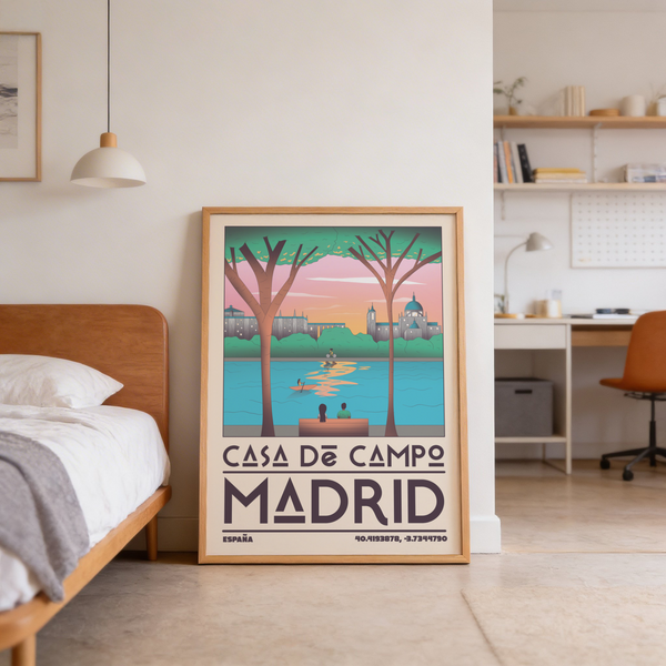 Foreground bench scene in Madrid poster print with couple facing the lake