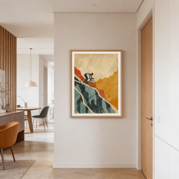 Graphic cyclist poster featuring diagonal trail line and layered terrain